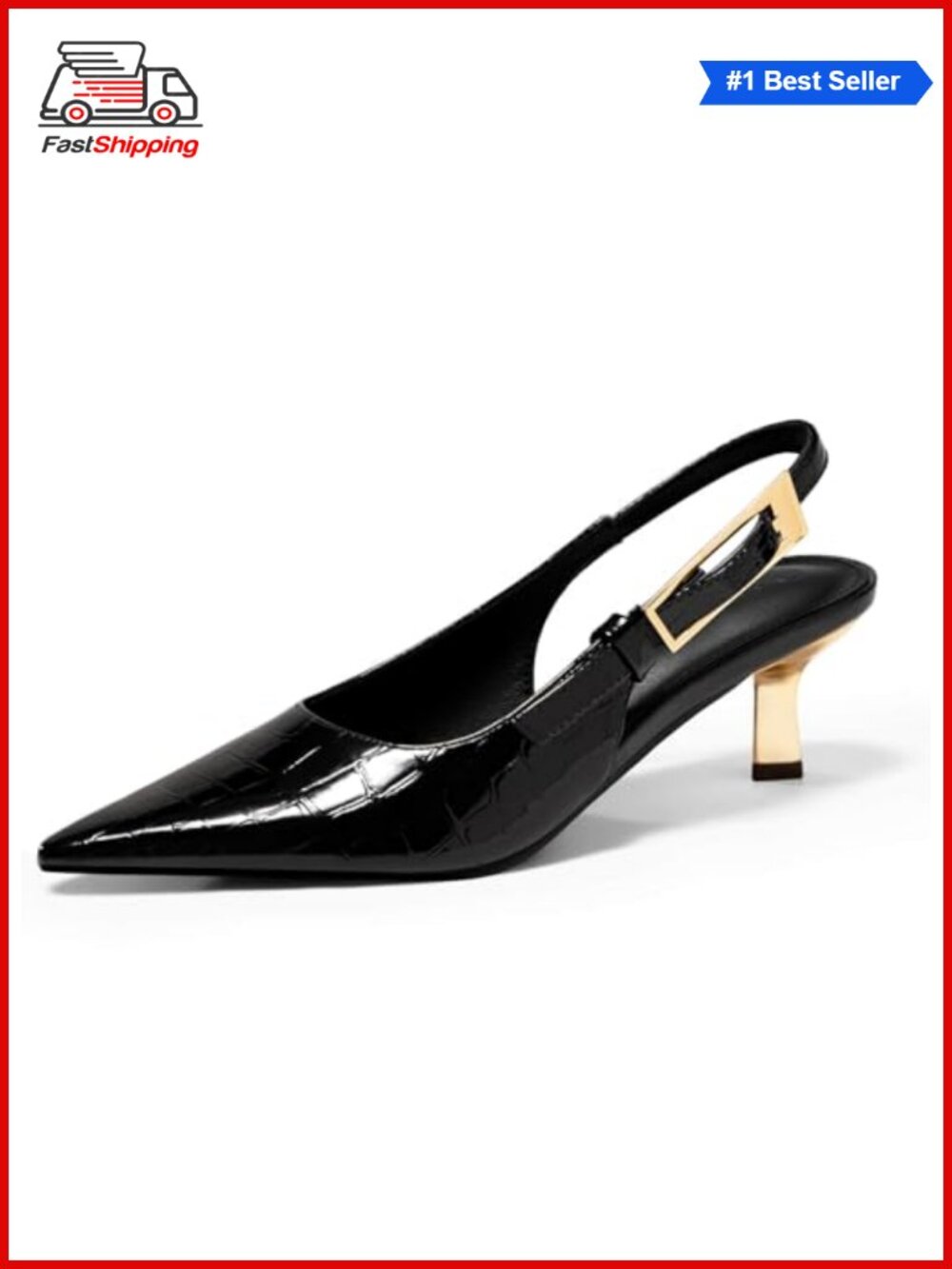✨Coutgo Womens Slingback Kitten Heels Closed Pointed Toe Pumps Buckle Strap